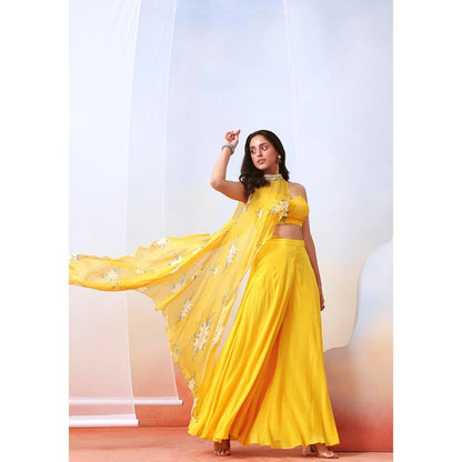 ISHA GUPTA TAYAL Yellow Printed Top and Sharara Set with Embroidered Drape Cape