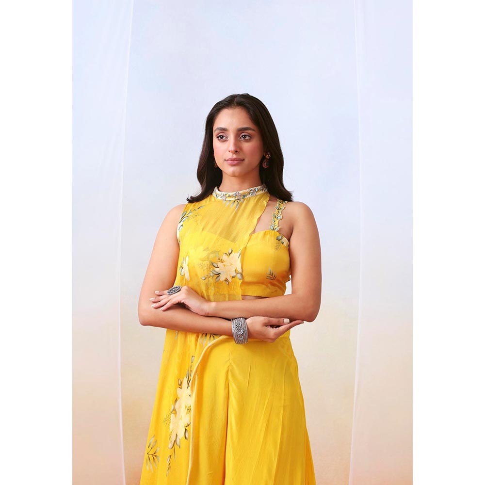 ISHA GUPTA TAYAL Yellow Printed Top and Sharara Set with Embroidered Drape Cape