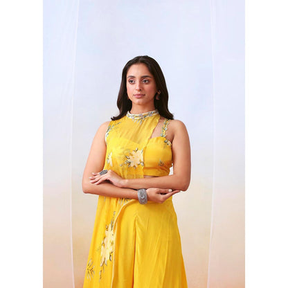 ISHA GUPTA TAYAL Yellow Printed Top and Sharara Set with Embroidered Drape Cape