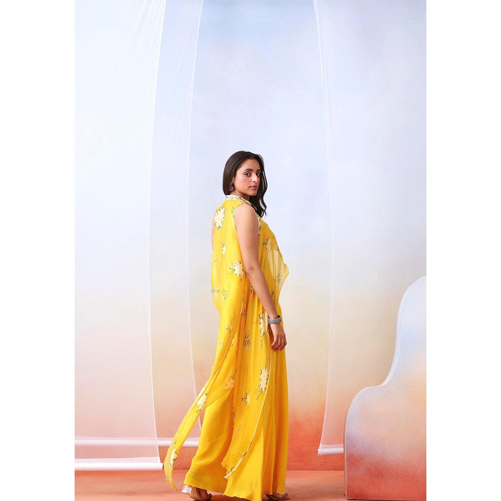 ISHA GUPTA TAYAL Yellow Printed Top and Sharara Set with Embroidered Drape Cape