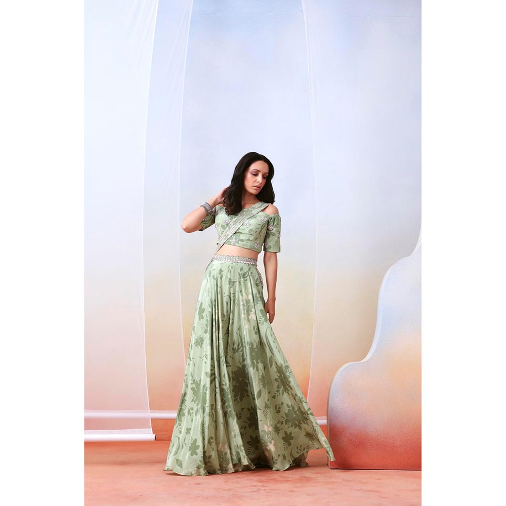 ISHA GUPTA TAYAL Green Printed and Embroidered Top and Sharara Set with Dupatta