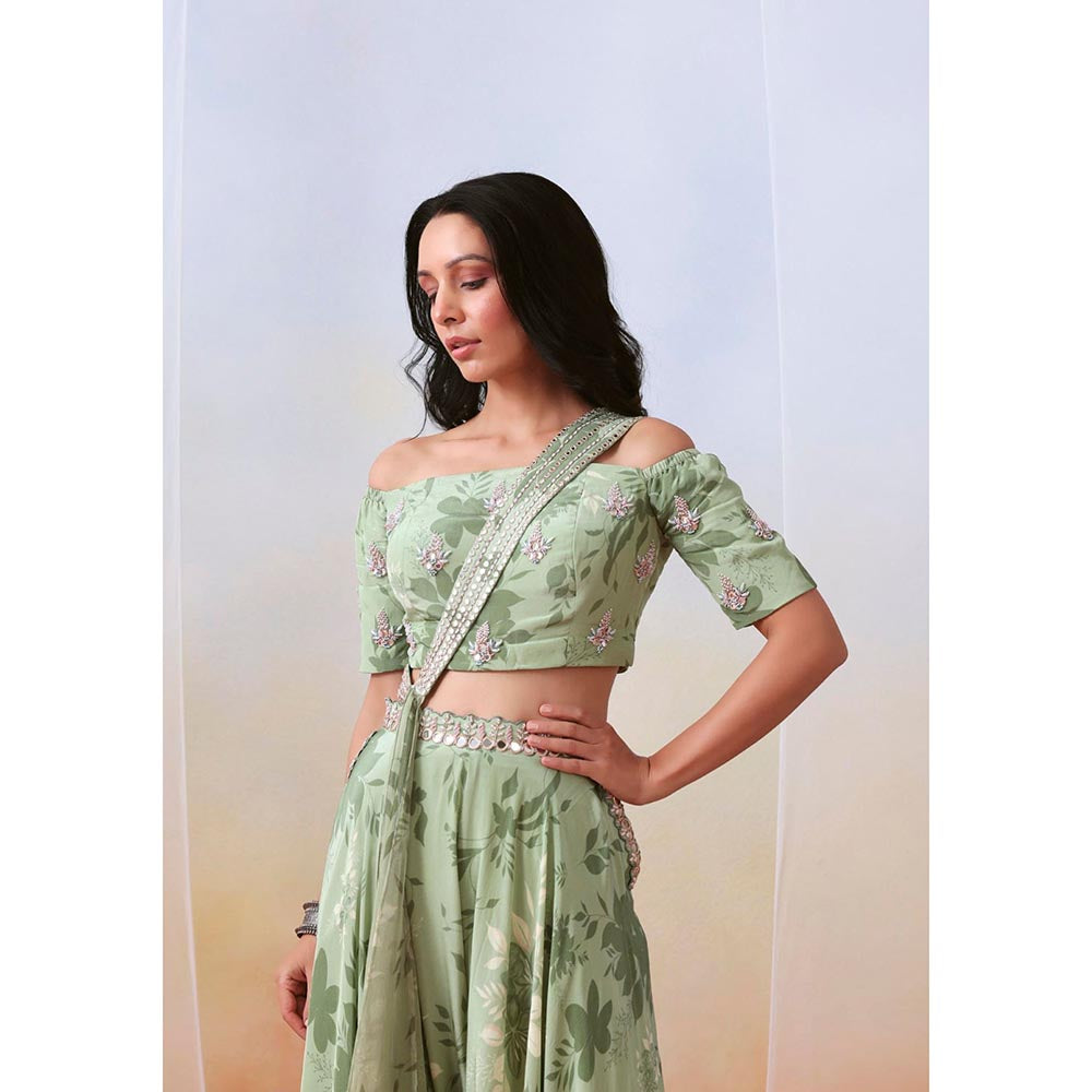 ISHA GUPTA TAYAL Green Printed and Embroidered Top and Sharara Set with Dupatta