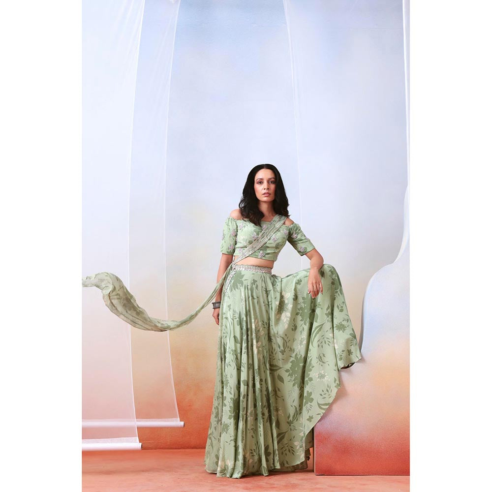 ISHA GUPTA TAYAL Green Printed and Embroidered Top and Sharara Set with Dupatta