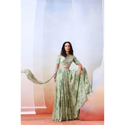 ISHA GUPTA TAYAL Green Printed and Embroidered Top and Sharara Set with Dupatta