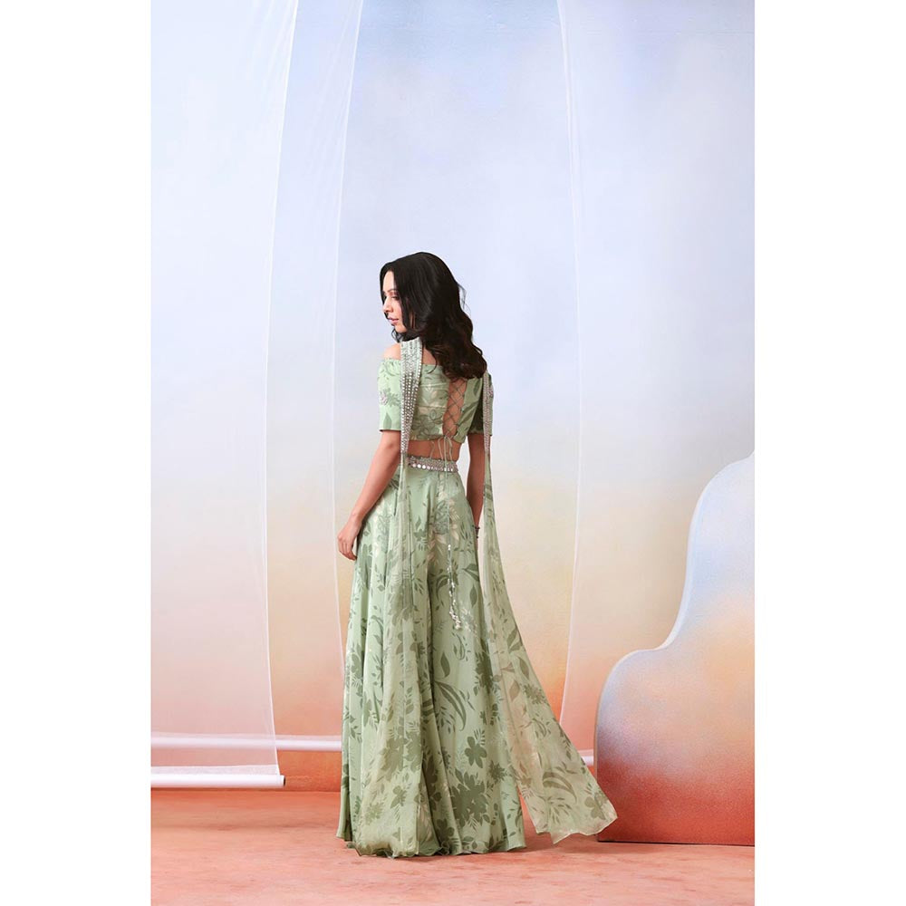 ISHA GUPTA TAYAL Green Printed and Embroidered Top and Sharara Set with Dupatta