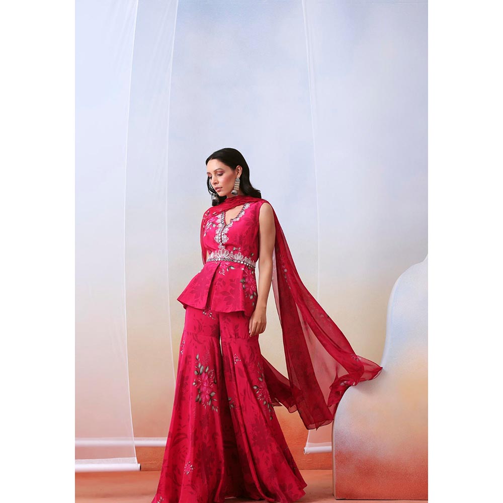 ISHA GUPTA TAYAL Pink Printed and Embroidered Top and Sharara Set with Drape Dupatta