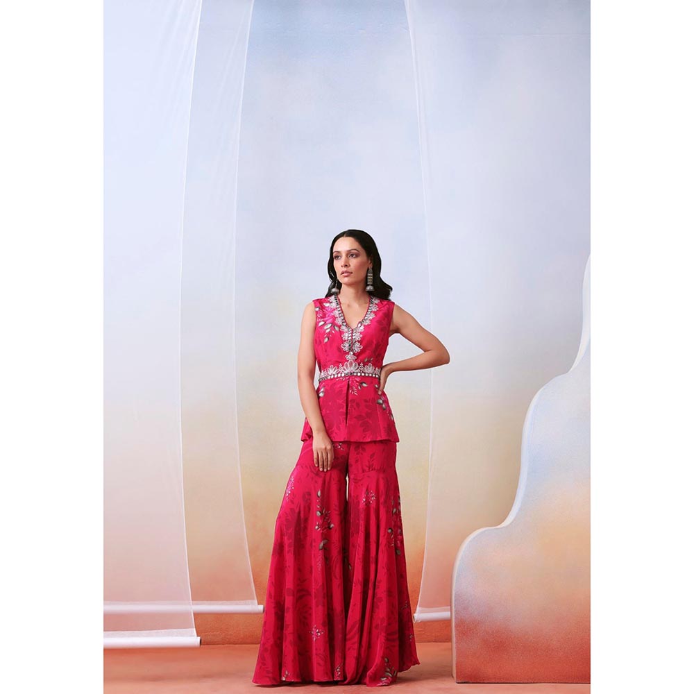 ISHA GUPTA TAYAL Pink Printed and Embroidered Top and Sharara Set with Drape Dupatta