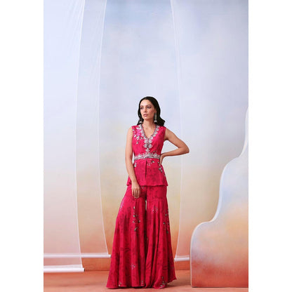 ISHA GUPTA TAYAL Pink Printed and Embroidered Top and Sharara Set with Drape Dupatta