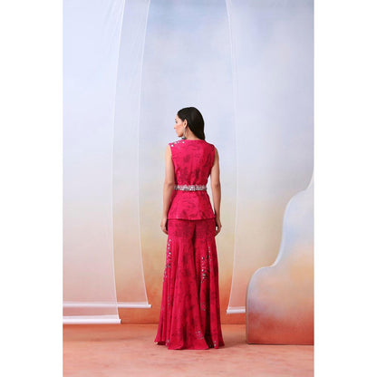 ISHA GUPTA TAYAL Pink Printed and Embroidered Top and Sharara Set with Drape Dupatta