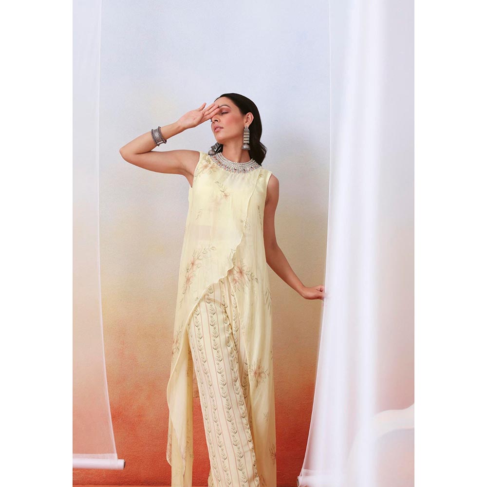 ISHA GUPTA TAYAL Off White Top and Pant Set with Embellished Drape Cape