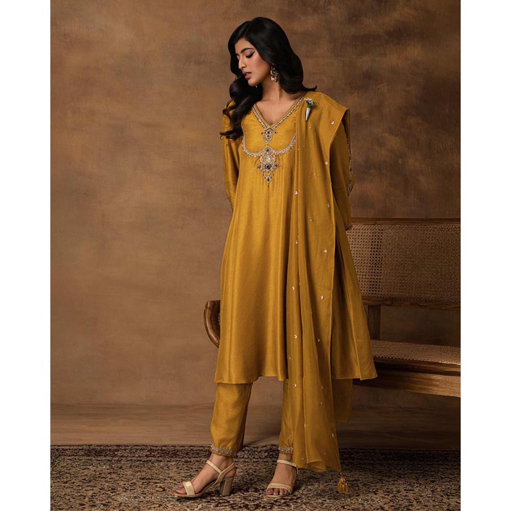 ISHA GUPTA TAYAL Yellow Rajsi Silk Embroidered Kurta and Pant with Dupatta