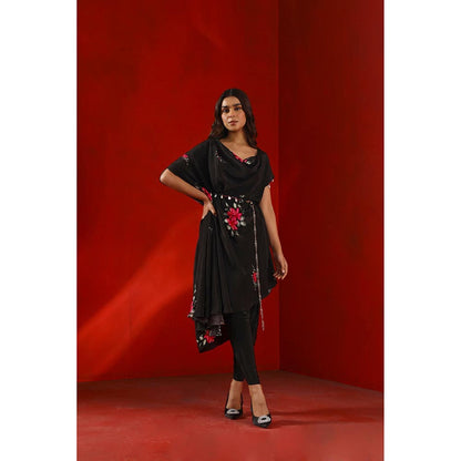 ISHA GUPTA TAYAL Black Black Magnolia Printed Drape Kurta and Pant with Dupatta