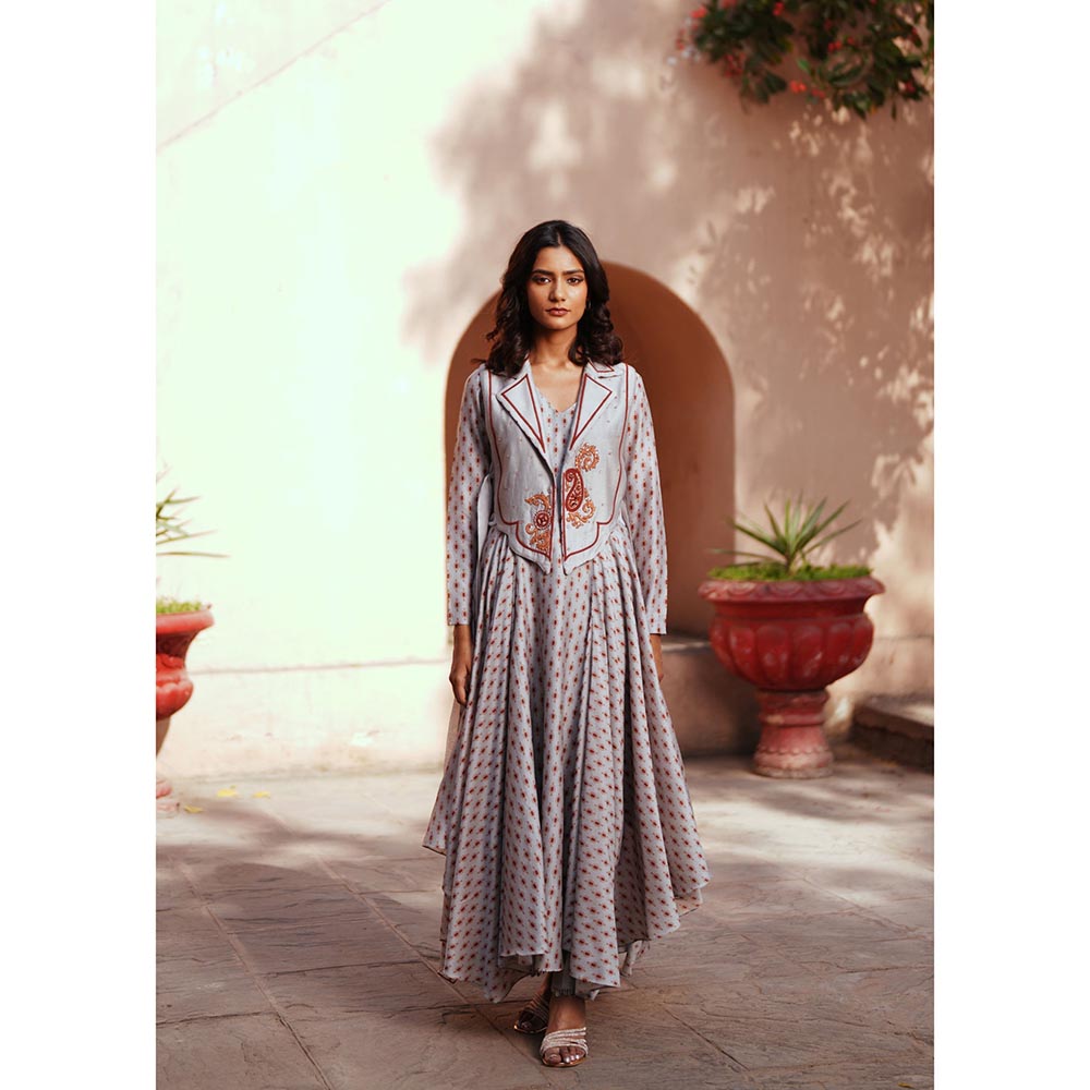 ISHA GUPTA TAYAL Grey Reva Assymetrical Anarkali and Pant with Jacket