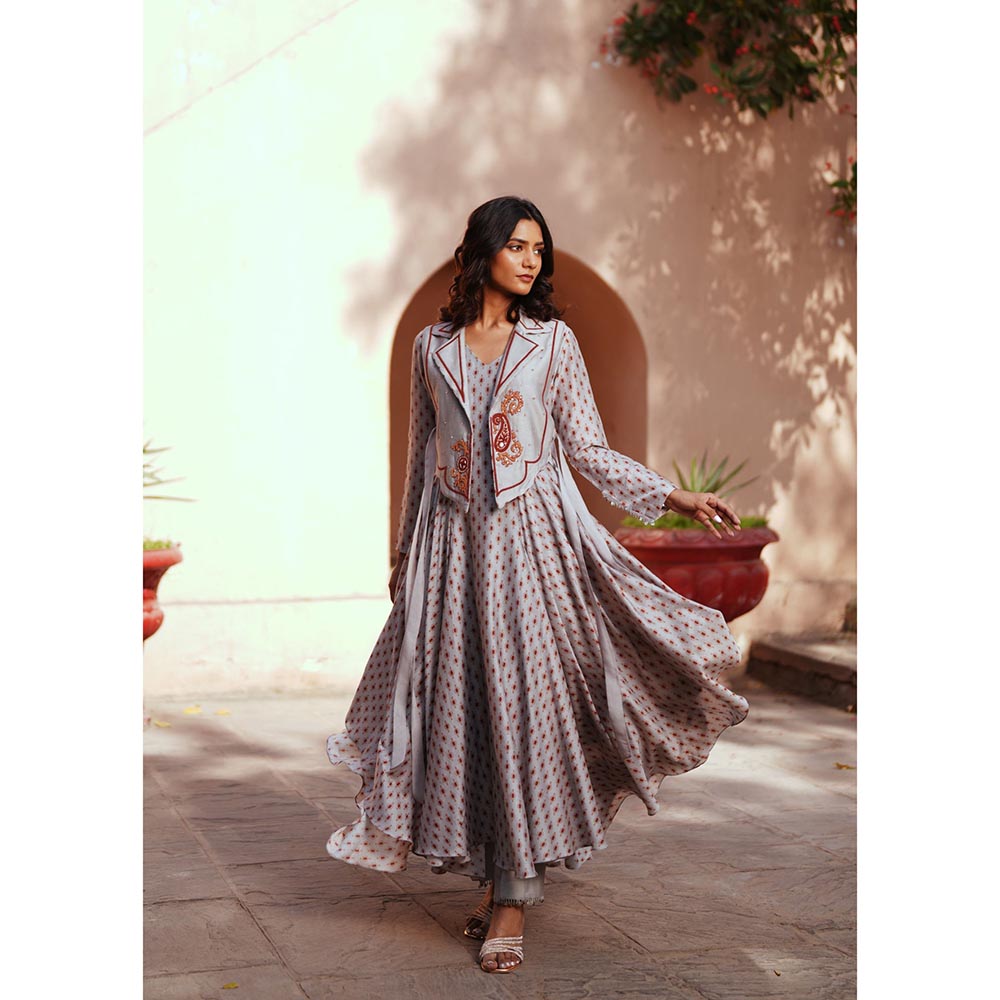 ISHA GUPTA TAYAL Grey Reva Assymetrical Anarkali and Pant with Jacket