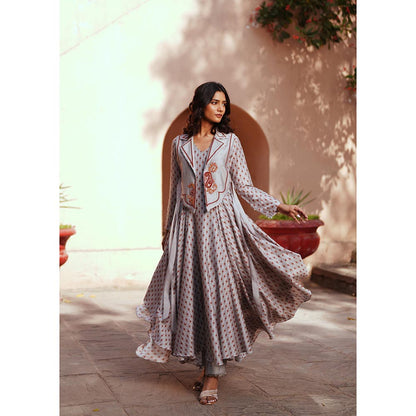 ISHA GUPTA TAYAL Grey Reva Assymetrical Anarkali and Pant with Jacket