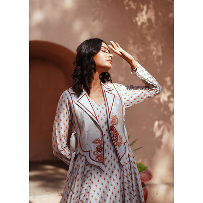 ISHA GUPTA TAYAL Grey Reva Assymetrical Anarkali and Pant with Jacket