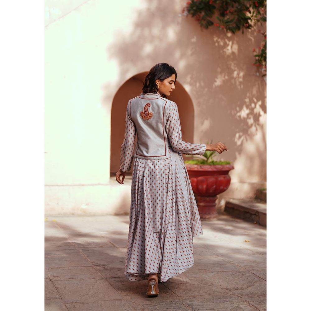 ISHA GUPTA TAYAL Grey Reva Assymetrical Anarkali and Pant with Jacket
