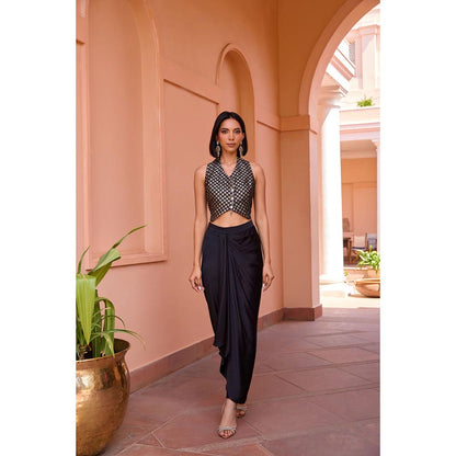 ISHA GUPTA TAYAL Black Kahani Waist Coat and Dhoti Pant Set