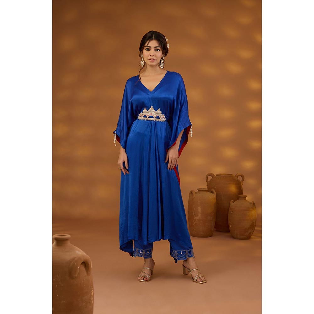 ISHA GUPTA TAYAL Blue Mann Mandir Drape Kaftan and Pant Set with Belt