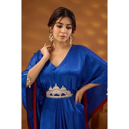 ISHA GUPTA TAYAL Blue Mann Mandir Drape Kaftan and Pant Set with Belt