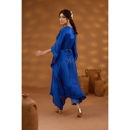 ISHA GUPTA TAYAL Blue Mann Mandir Drape Kaftan and Pant Set with Belt