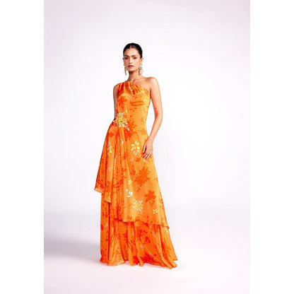 ISHA GUPTA TAYAL Orange One Shoulder Top and Sharara Set with Dupatta