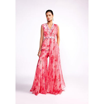 ISHA GUPTA TAYAL Pink Flamingo Peplum Top and Sharara Set with Dupatta and Belt