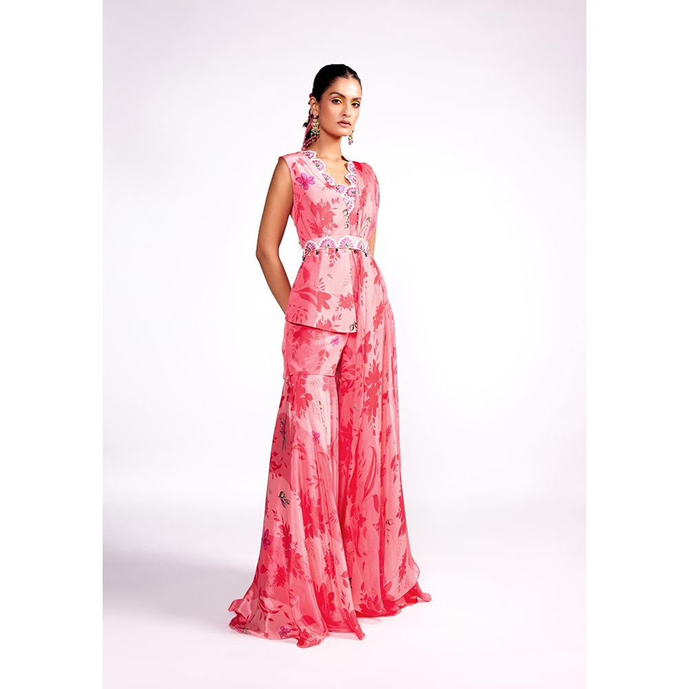 ISHA GUPTA TAYAL Pink Flamingo Peplum Top and Sharara Set with Dupatta and Belt