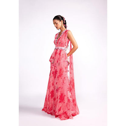 ISHA GUPTA TAYAL Pink Flamingo Peplum Top and Sharara Set with Dupatta and Belt