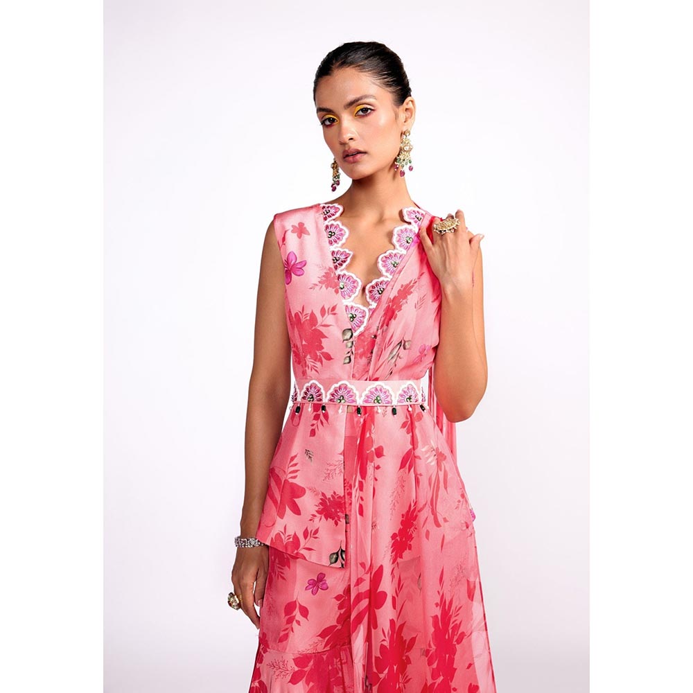 ISHA GUPTA TAYAL Pink Flamingo Peplum Top and Sharara Set with Dupatta and Belt