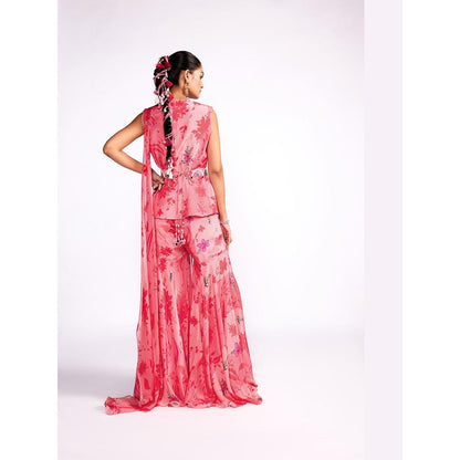 ISHA GUPTA TAYAL Pink Flamingo Peplum Top and Sharara Set with Dupatta and Belt