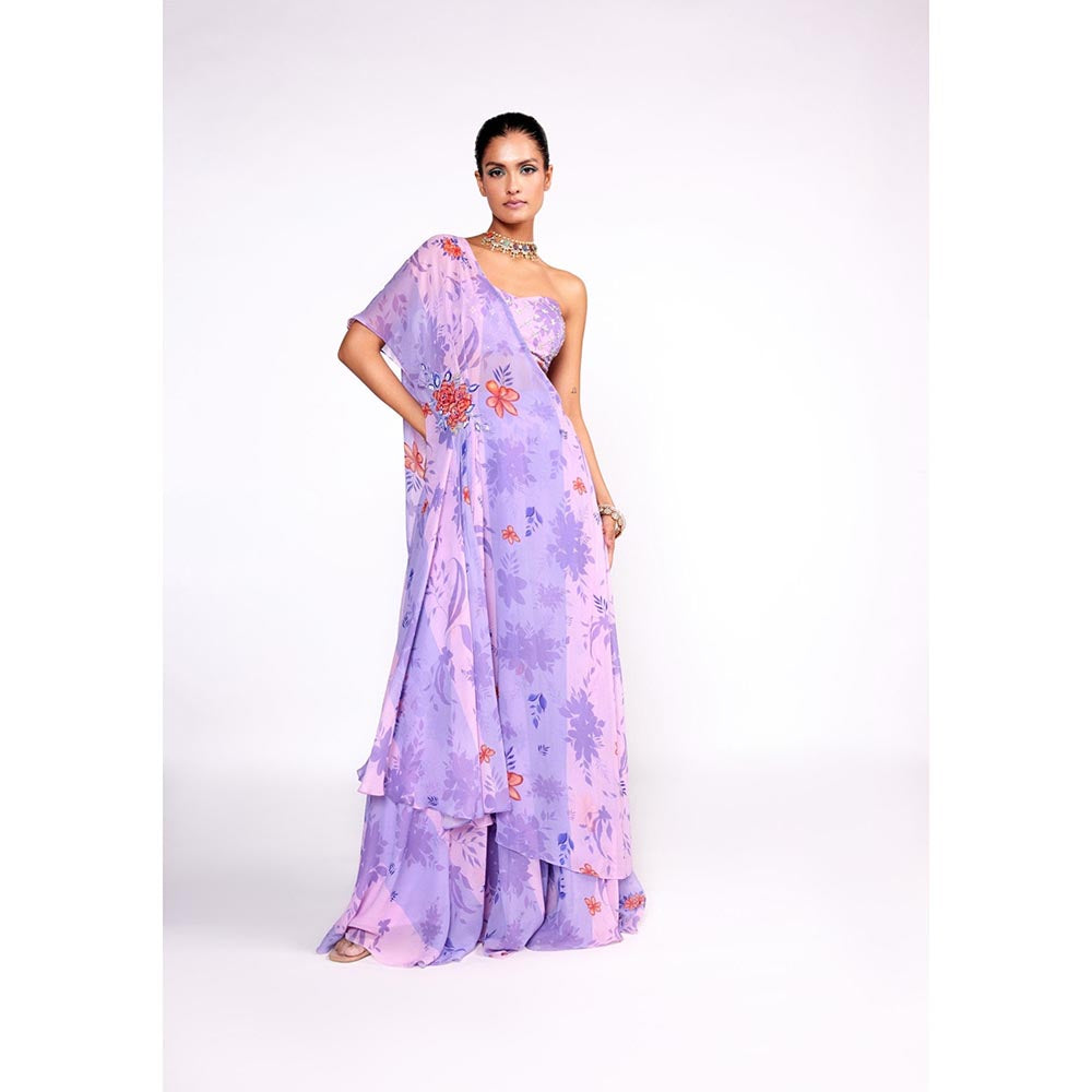 ISHA GUPTA TAYAL Purple One Shoulder Top and Sharara Set with Bustier