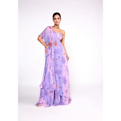 ISHA GUPTA TAYAL Purple One Shoulder Top and Sharara Set with Bustier