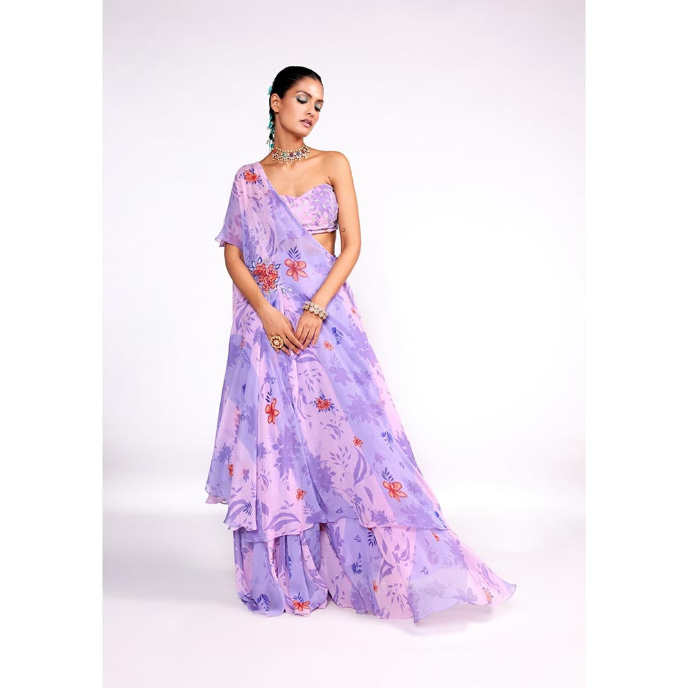 ISHA GUPTA TAYAL Purple One Shoulder Top and Sharara Set with Bustier
