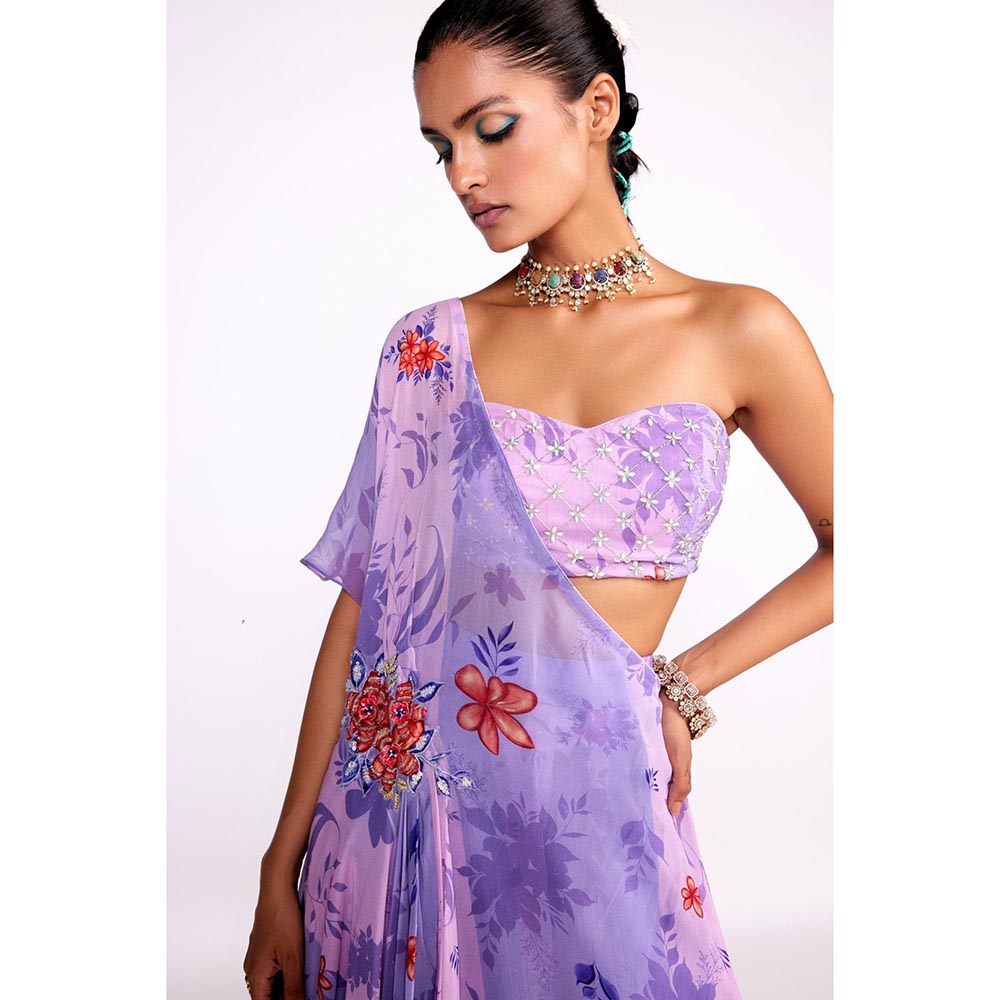 ISHA GUPTA TAYAL Purple One Shoulder Top and Sharara Set with Bustier