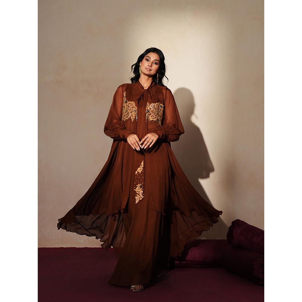 ISHA GUPTA TAYAL Brown Ruhani Jacket and Pant with Bustier Set