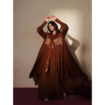 ISHA GUPTA TAYAL Brown Ruhani Jacket and Pant with Bustier Set