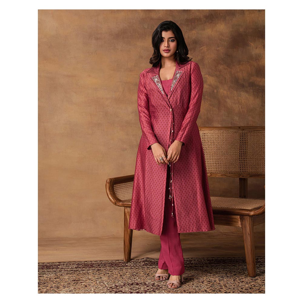 ISHA GUPTA TAYAL Pink Gul Printed Booti Chanderi Jacket Style Kurta and Pant Set