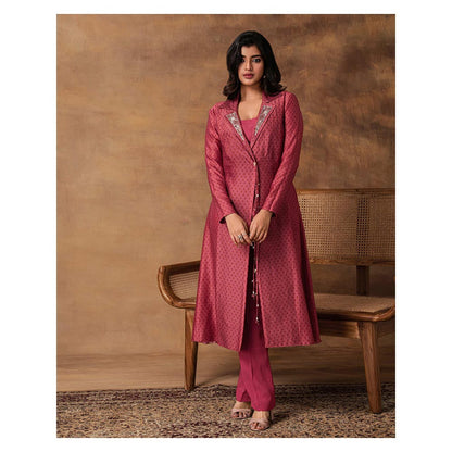 ISHA GUPTA TAYAL Pink Gul Printed Booti Chanderi Jacket Style Kurta and Pant Set