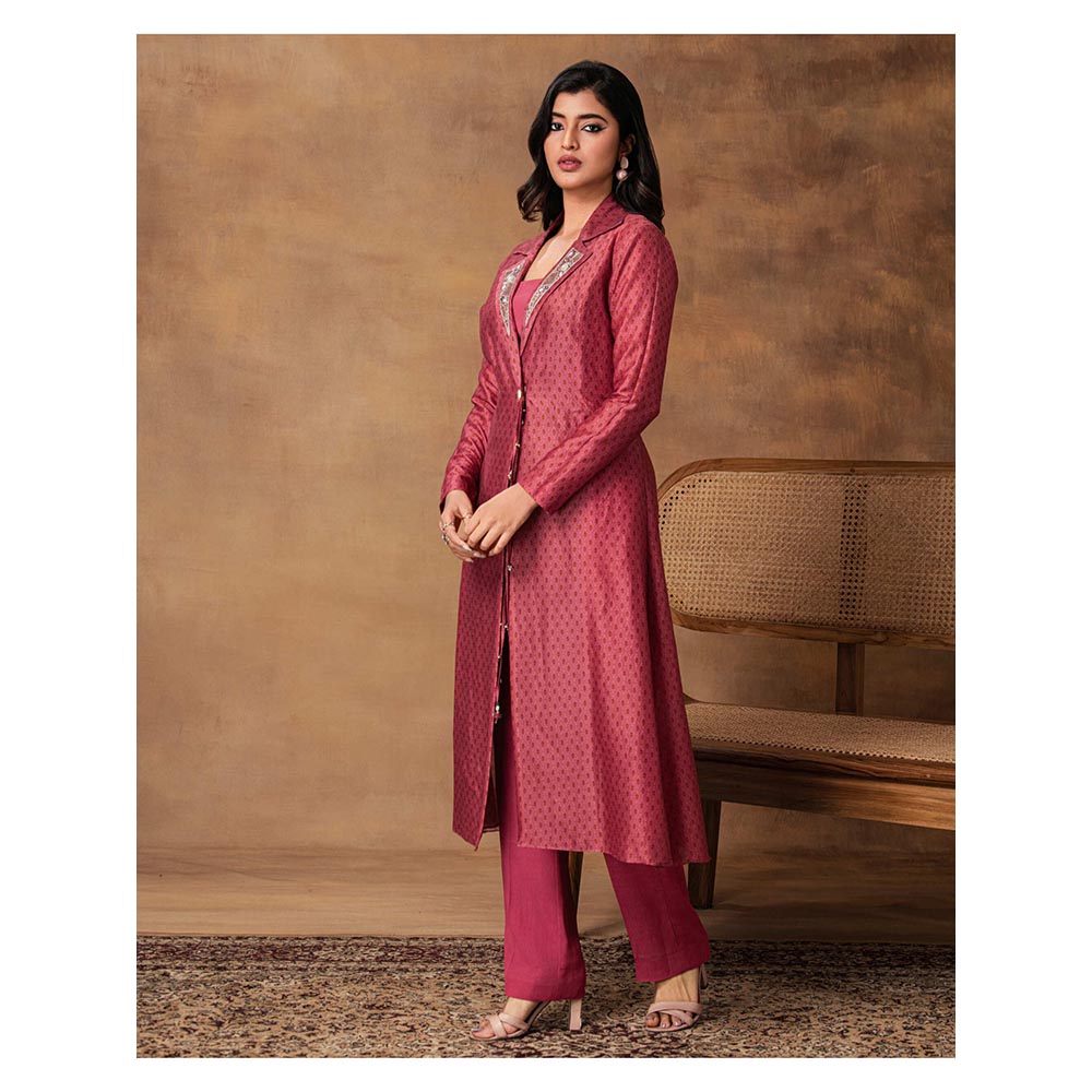 ISHA GUPTA TAYAL Pink Gul Printed Booti Chanderi Jacket Style Kurta and Pant Set