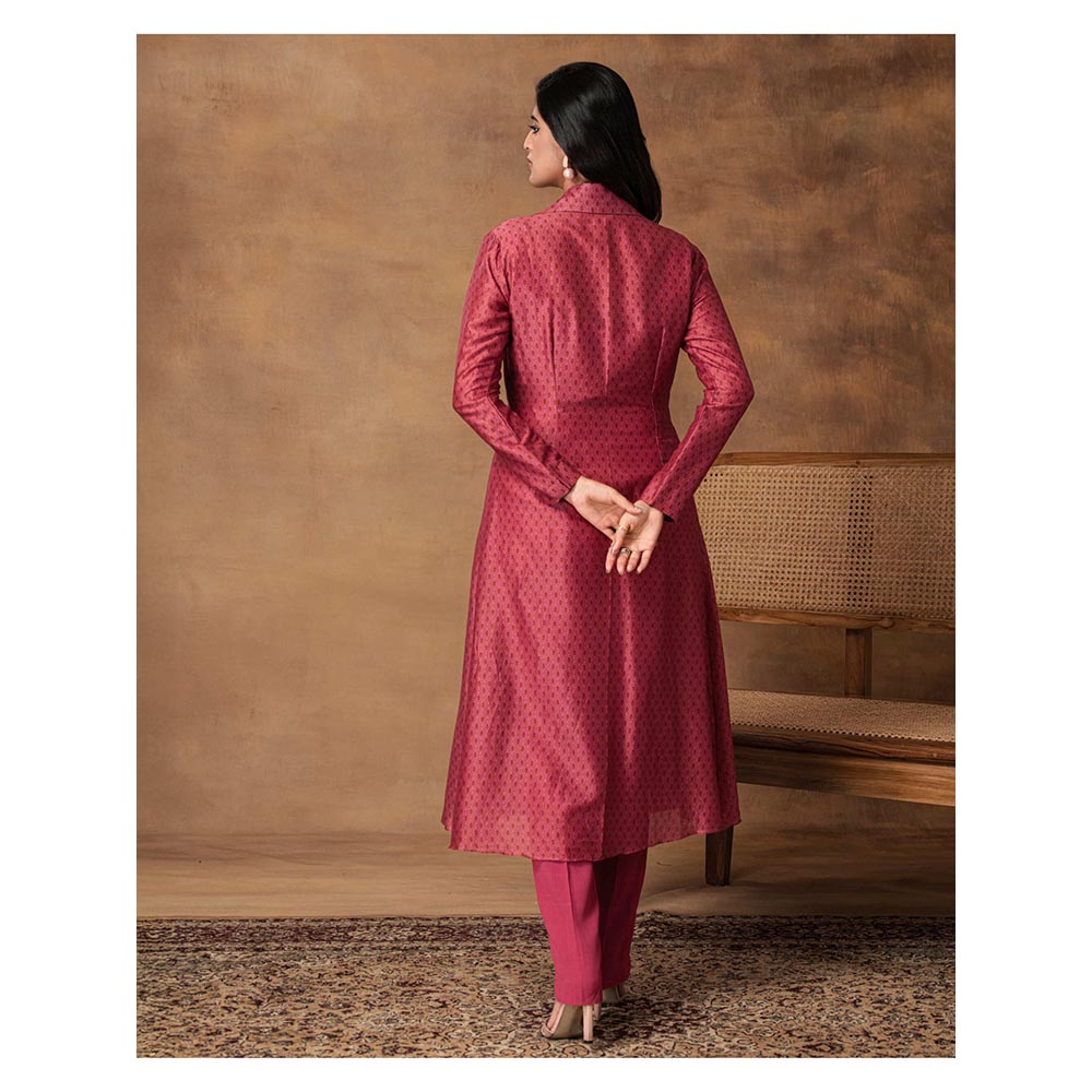 ISHA GUPTA TAYAL Pink Gul Printed Booti Chanderi Jacket Style Kurta and Pant Set