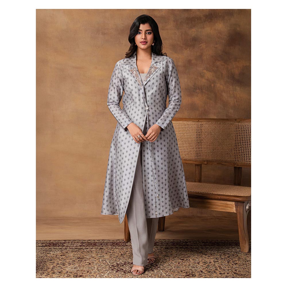 ISHA GUPTA TAYAL Grey Chaand Printed Booti Chanderi Jacket Style Kurta and Pant Set