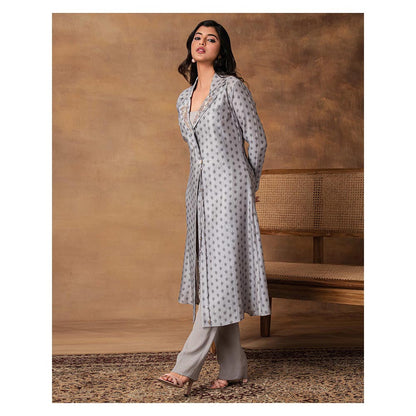 ISHA GUPTA TAYAL Grey Chaand Printed Booti Chanderi Jacket Style Kurta and Pant Set