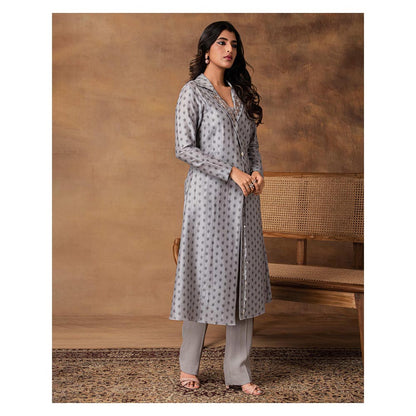 ISHA GUPTA TAYAL Grey Chaand Printed Booti Chanderi Jacket Style Kurta and Pant Set