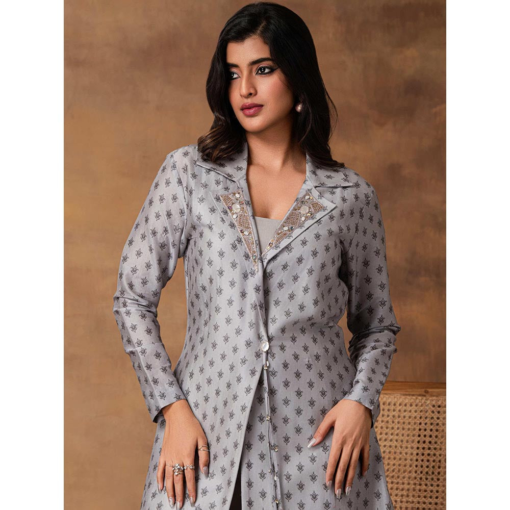 ISHA GUPTA TAYAL Grey Chaand Printed Booti Chanderi Jacket Style Kurta and Pant Set