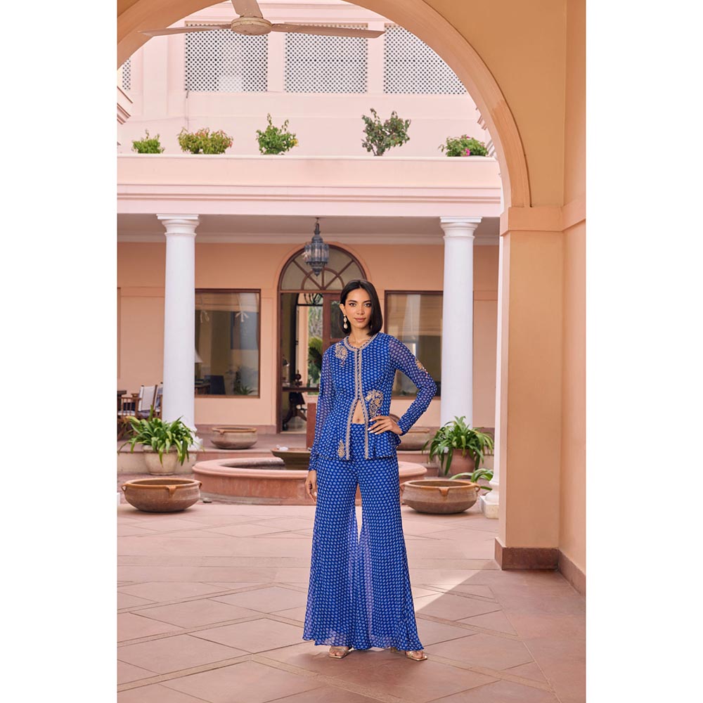 ISHA GUPTA TAYAL Blue Ridha Top and Sharara and Jacket Set
