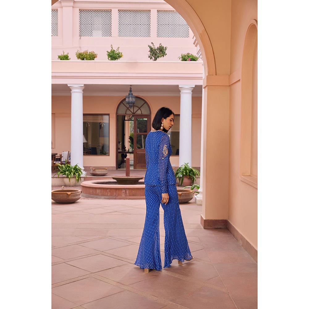 ISHA GUPTA TAYAL Blue Ridha Top and Sharara and Jacket Set