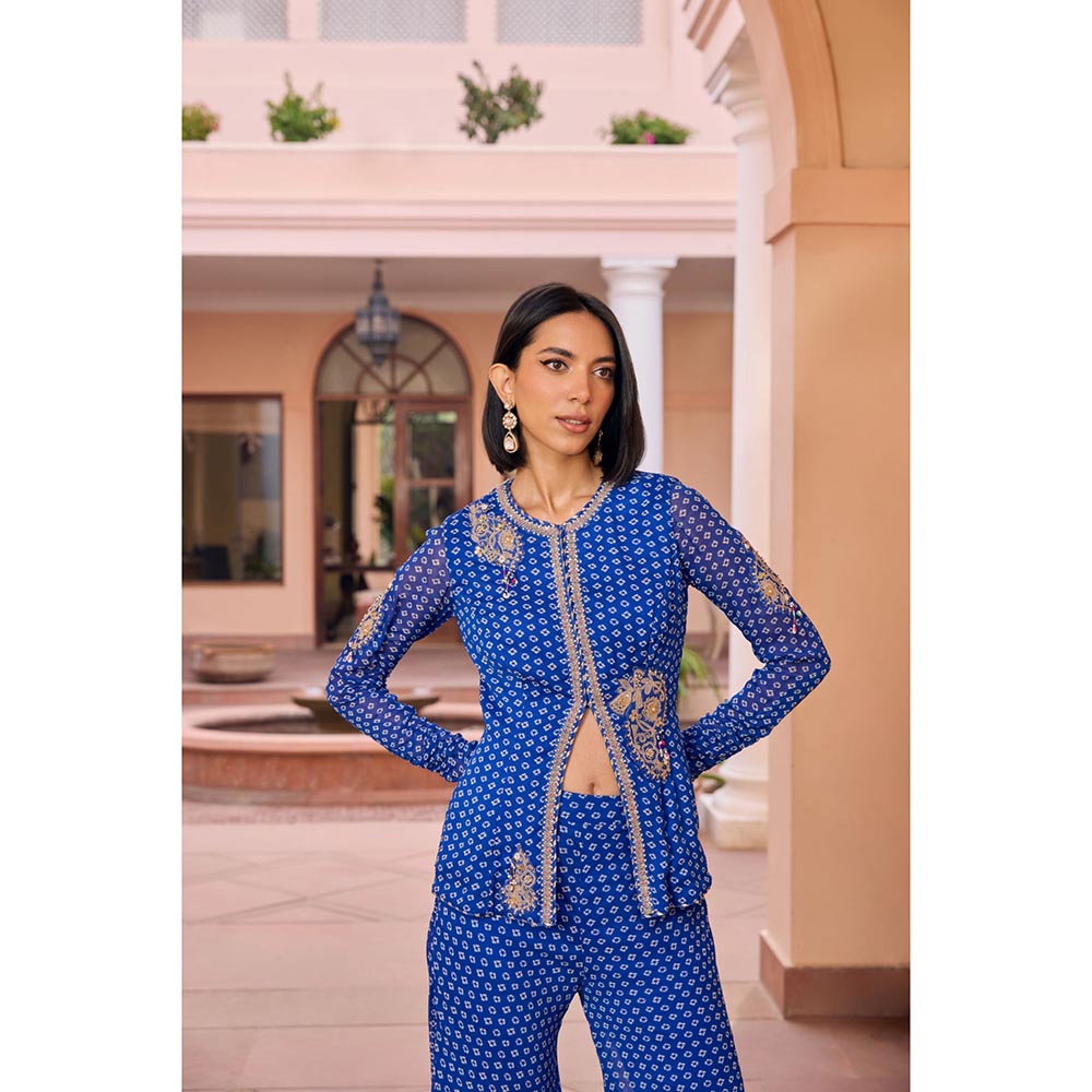ISHA GUPTA TAYAL Blue Ridha Top and Sharara and Jacket Set