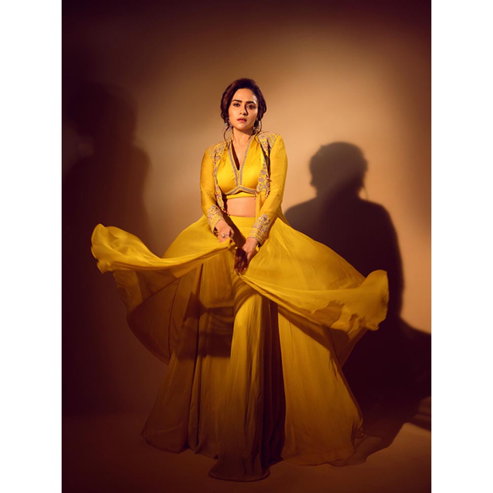 ISHA GUPTA TAYAL Yellow Amruta Khanvilkar In Mastani Top and Sharara and Jacket Set