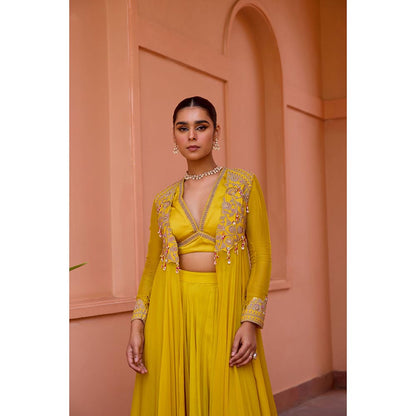 ISHA GUPTA TAYAL Yellow Amruta Khanvilkar In Mastani Top and Sharara and Jacket Set
